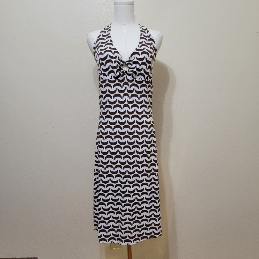 Attention | Y2K Vintage White & Brown Crescent Print Halter Dress